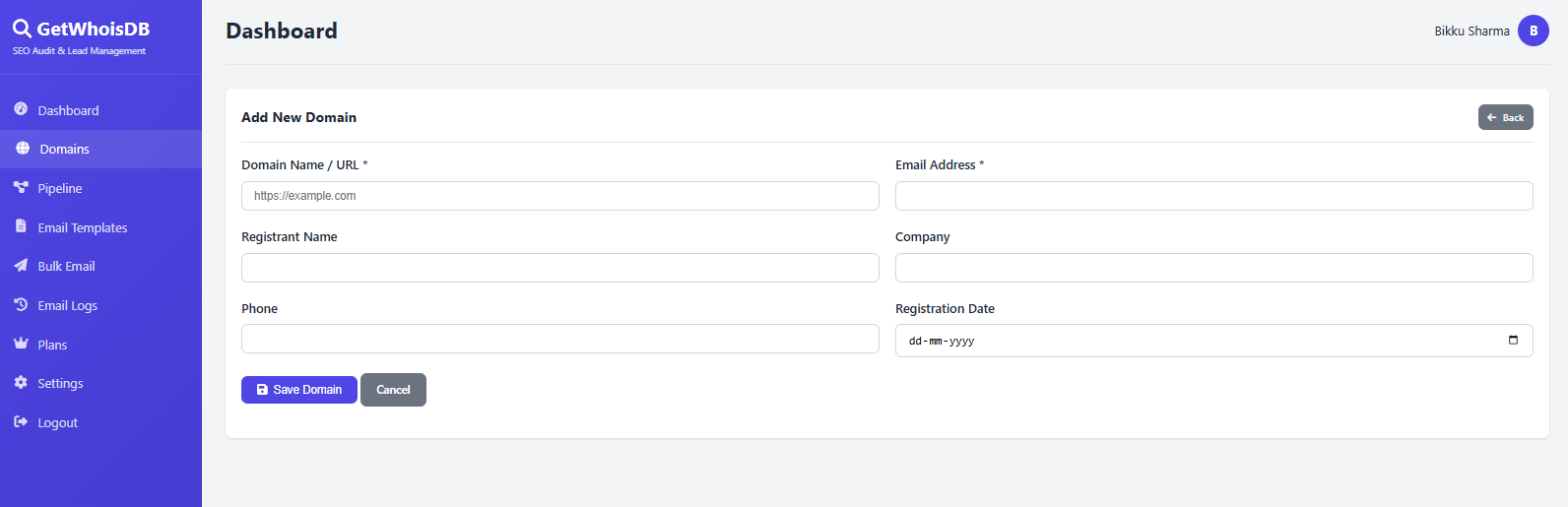 Add domain form