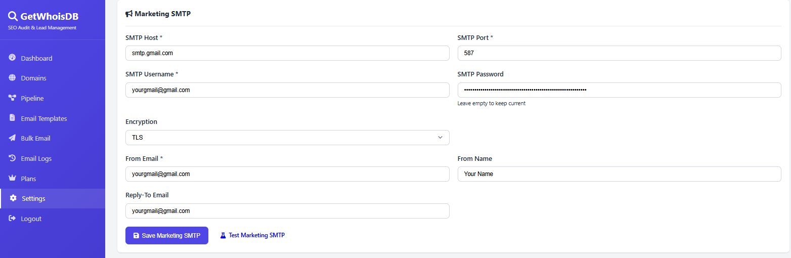 SMTP settings